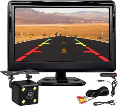 Kairiyard 5 Pouces Voiture HD LCD Moniteur 12 V-24 V avec 4 LED Vision Nocturne Caméra de recul étanch pour Voiture, SUV, Van, Pickups et Camions