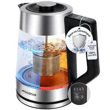 Aigostar Bouilloire Electrique Temperature Reglable, Revêtement Céramique Anti-tartre, 1,7L Theiere Electrique en Verre Avec Infuseur, Ébullition Rapide 2200W, Fonction Maintien au Chaud, Sans BPA