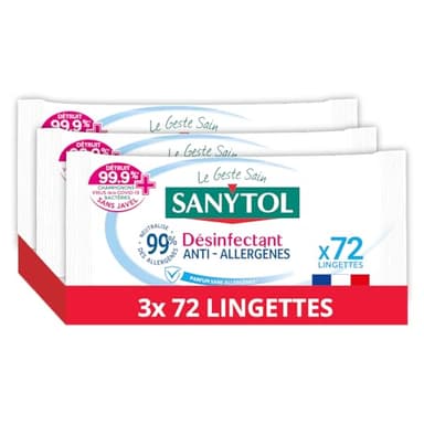 Sanytol - Lingettes Désinfectantes Multi-Usages - Anti-Allergène - x72 - Lot de 3 - Bactéricide, Virucide, Fongicide - Sans Javel, Fabrication Française, 100% Fibres d’Origine Végétale