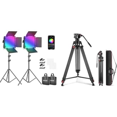 NEEWER Panneau LED 660, Pack de 2 Lampes réglables Depuis l'APP, Kit d'Eclairage Vidéo & Trépied vidéo Pro 74" avec tête Fluide, Plaque QR Compatible avec DJI RS Gimbals Manfrotto