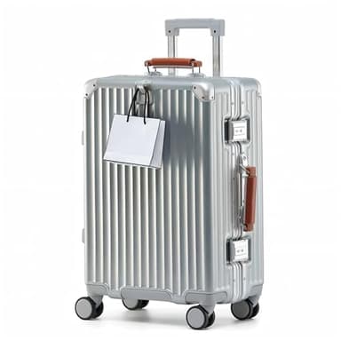 yuweijie Valise Cabine, Valise à Main légèe 100% en PC, Valise à Cadre Aluminium, Poignée Télescopique Réglable, TSA, 4 Roues, Argenté + Poignée en Cuir Marron, S-58cm