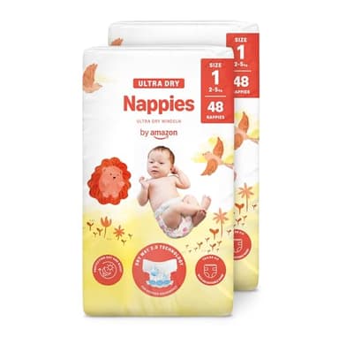 By Amazon Couches Ultra Absorbantes - Taille 1 (2-5kg) - avec canaux - 96 couches (2 paquets x 48) (anciennement une marque Mama Bear, même produit)