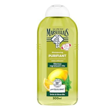 Le Petit Marseillais – Shampooing Purifiant Ortie & Citron Bio (300 ml) – Shampoing sans silicone pour cheveux regraissant vite – 98% d'origine naturelle et pH équilibré