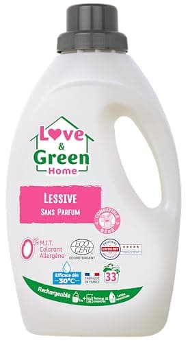 Love & Green Home Lessive écologique rechargeable Sans parfum certifiée Dermatest 5 étoiles et Ecodétergent par Ecocert - Compatible bébé - Fabriquée en France - 1,5L - 33 lavages