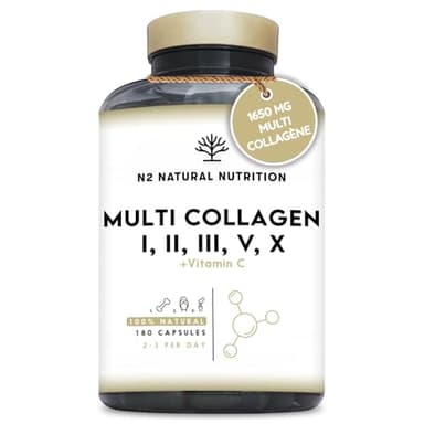 Multi Collagène Marin et Bovin 1650mg. 180 Gélules. Peptide de Collagene Hydrolysé Type 1, 2, 3, 5, 10. Complexe Collagene pour la Peau, Articulations et Cheveux + Vitamine C. N2 Natural Nutrition