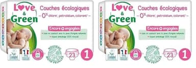 Love & Green - Couches Bébé Saines et Ecologiques - Taille 1 (2-5 kg) - 23 couches - Absorbante, anti-fuites et sans ingrédients indésirables (Lot de 2)