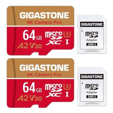 Gigastone Carte Mémoire 64 Go Lot de 2 Cartes, 4K Caméra Pro, Compatible avec GoPro Switch, Vitesse 95 Mo/s. A2 U3 V30 Carte Micro SDXC avec Adaptateur SD.