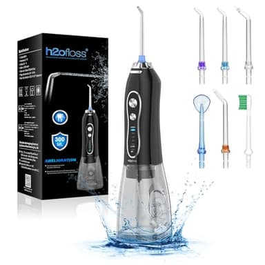 H2ofloss Jet Dentaire Hydropulseur et Irrigateur Oral, Irrigateur Dentaire 300ML IPX7 Étanche avec 8 Buses et 5 Modes, Rechargeable USB-C Hydropulseur Dentaire pour la Maison et les Voyages (Noir)