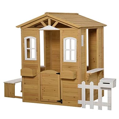 Outsunny Cabane de Jeu pour Enfant Maison de Jardin en Bois Porte et fenêtres, Banc, Boite aux Lettres, clôture, de 3 à 6 Ans 205 x 119 x 140 cm Jaune