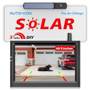 AUTO-VOX Camera de Recul sans Fil: avec 5 Pouces HD Moniteur Facile 3 Min DIY Installer, Caméra de Recul Étanche IP69K, Alimenté Batterie Camera de Recul Solar pour Voiture/Camion/Caravane/Fourgon