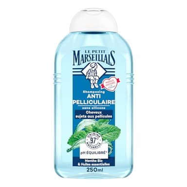 Le Petit Marseillais – Shampooing Anti-Pelliculaire Menthe Bio & Huiles Essentielles (flacon de 250 ml) – Shampoing sans silicone pour cheveux sujets aux pellicules – 97 % d'origine naturelle