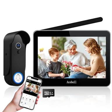 ACEBELL 1080P WiFi Visiophone Sans Fil,Interphone Vidéo Sans Fil avec Écran Tactile 7'', Étanche Sonnette de Camera ave Batterie Rechargeable, Vision Nocturne, PIR Détection de Mouvement, Contrôle APP