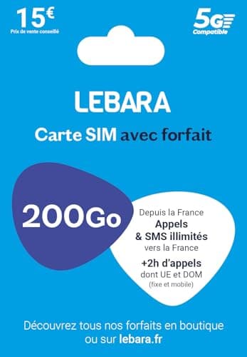 Lebara SIM, appels et SMS illimités France + 200Go en 5G+ 2h vers 43 pays , prête à l'emploi