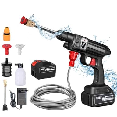 Nettoyeur Haute Pression sans Fil, 30Bar, Batterie et Tuyau de 5M, Pistolet Haute Pression sans Fil pour Arrosage (30000mAh)