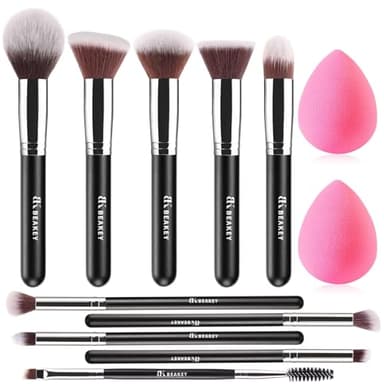 BEAKEY Pinceaux Maquillages Professionnel, Pinceau Maquillage Pour Fond de Teint Blush L'anti-cernes Fard à Paupières Poudre Libre, Avec Blender Eponge(10+2pcs, Noir/Argent)
