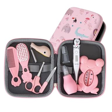 PLIC CARE - Trousse de Soin Bébé Rose – Dès la Naissance – 9 Essentiels de Soin – Thermomètre Rectal, Thermomètre de Bain, Peigne, Brosse, Lime, Mouche Bébé… - Kit Complet de Puériculture