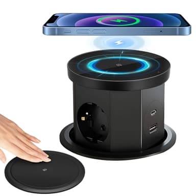 Neulriscn Bloc Prise Encastrable Plan de Travail Multiprise Encastrable, Prise de Table Escamotable 3 Prises avec 1 USB C 1 USB A - Prise de Table Rétractable - avec Chargeur sans Fil (Noir)