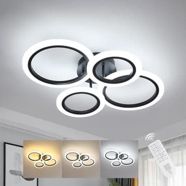 DELIPOP Plafonnier LED Dimmable, Moderne Lampe de Plafond 32W 3600LM avec Télécommande, 3000K-6500K Luminaire Plafonnier Rond, Lampe Lustre pour Salon Bureau Cuisine Ø57CM-Noir