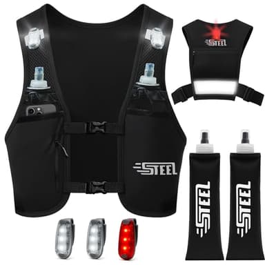 Gilet Running d'hydratation Réfléchissant LED Recheargeable, Porte-Bouteille d'eau, Ajustable, Gilet léger, 2 Gourdes d'hydratation de 500 ML pour randonnée, Trail, Course à Pied, Marathon (Noir)