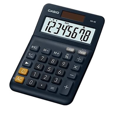 Casio MS8E Calculatrice de Bureau Alimenté par Batterie Solaire Conversion de Devises, Pieds en Caoutchouc, Bouton de Correction Rapide, Solaire/à Piles Noire
