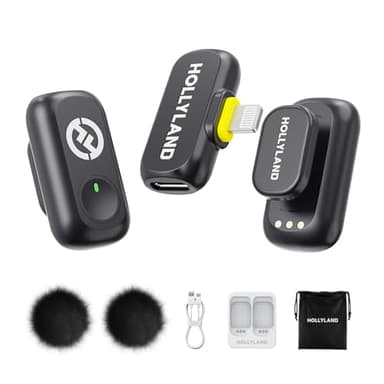 Hollyland Lark A1 Mini Duo Micro-Cravate sans Fil pour iPhone 14/13/12,Audio 48 kHz/24 Bits,réduction Intelligente du Bruit 3 Niveaux,pour Youtube, Podcast et création vidéo (Noir, 2TX+Lightning RX)