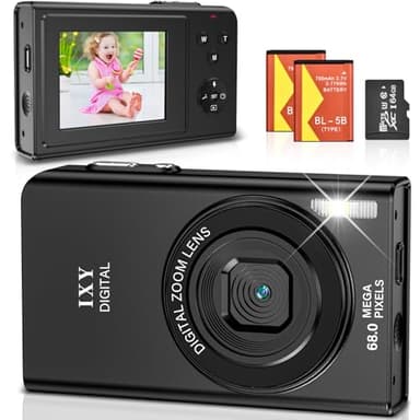 Appareil Photo Numérique 68MP 4K Compact Caméra Zoom Numérique 16X Digital Camera avec Carte de 64 Go pour Étudiant Adulte Débutant Cadeau (Noir)