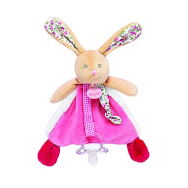 BABY NAT'- Doudou Lapin Attache Sucette POUPI - 22 cm - Peluche Bébé Rose avec Attache Tétine - Doudou Oreilles et Nouettes Imprimées Fleurs - Idée Cadeau Naissance Fille - BN0610