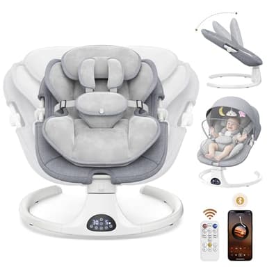 Transat Bebe Electrique, Balancelle bebe electrique avec harnais à 5 points, 5 modes du balancement, minuterie à 3 niveaux, télécommande et musique, utilisable en intérieur et en extérieur (Gris)