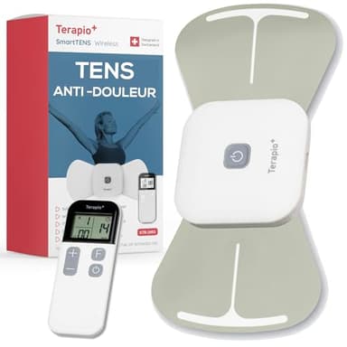 TERAPIO Électrostimulateur Anti Douleur TENS Sans Fil. Appareil TENS Portable. Neurostimulateur Musculaire avec Télécommande. Rechargeable. 15 Modes pour Soulager les Douleurs.