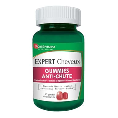 Forté Pharma - Expert Cheveux Gummies Anti-Chute | Gummies Cheveux - Chute de Cheveux - Goût Myrtille | Freine la chute & stimule la Repousse | Tous Types de Chutes | 60 gommes à mâcher = 1 mois