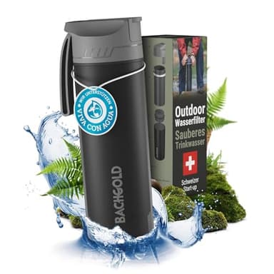 Bachgold® Gourde filtrante eau non potable [650 ml] avec une capacité de filtration de 1500 L I élimine 99,99% des bactéries, virus, particules et métaux lourds, gourde eau, Noire
