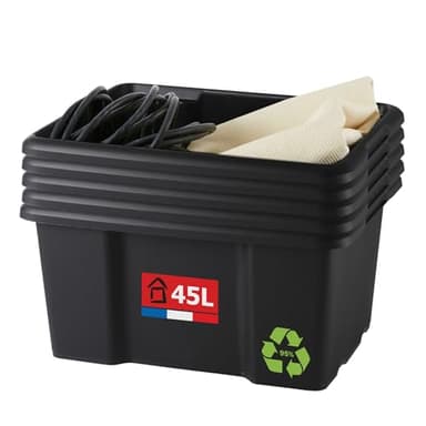 SUNDIS Bac de rangement 45L, lot de 5, en plastique recyclé noir, L.55,5xl.39,3x H29,5cm, empilable et superposable, multiusage, idéal pour l’atelier, le bricolage ou le transport