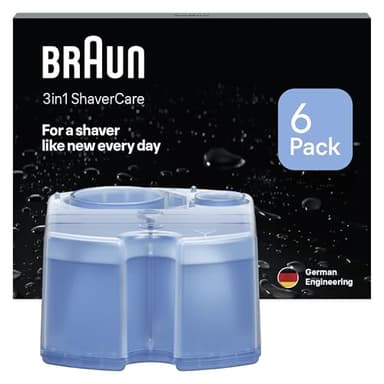 Braun 3in1 ShaverCare, Recharges 3-en-1, Originales, Pour Station SmartCare, Nettoie 10x Mieux Que L’eau, Formule Avec Un Parfum Frais De Citron, Pour Un Nettoyage Hygiénique Des Rasoirs, Pack De 6
