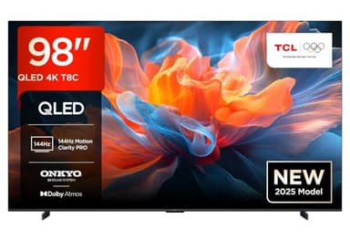 TCL 98T8C 98" QLED 4K HDR Ultra HD TV, Smart TV Powered by Google TV (Dolby Vision & Atmos, 144Hz Motion Clarity Pro, FreeSync, Onkyo 2.1 Sound, Voice Control)