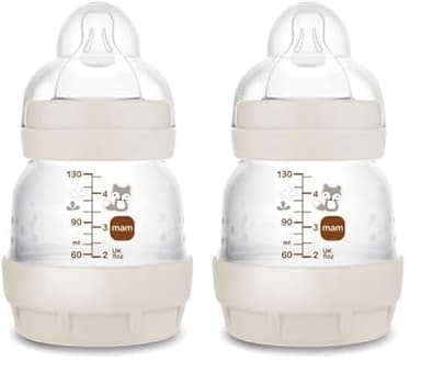 MAM Biberon Easy Start Anti-Colique 0 Mois - Débit Lent (130 ml) Sable pour Réduire les Coliques et l'Inconfort de Bébé - Compatible Allaitement Maternel (Lot de 2)
