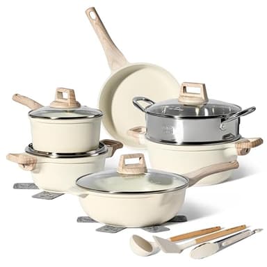 JUST PERFECTO Batterie de cuisine induction Set de casseroles avec couvercle - Casserole tout feux - poele anti adhesive - poele sans PFOA et sans PTFE - lot avec des poêles (13 pcs Biege)