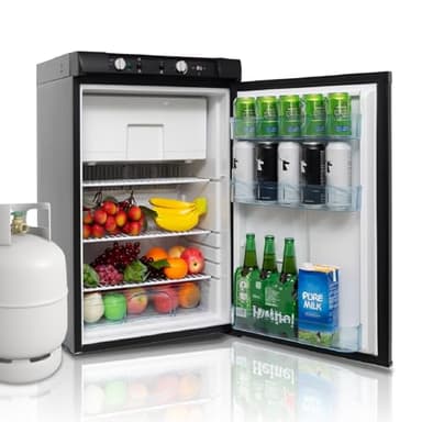 Techomey Frigo Trimixte 12V 220V Gaz, 100L, Frigo Gaz avec Congélateur pour Camping Car, Caravane, Maison, Mobile-Home, Chalet, Cabanon, Noir