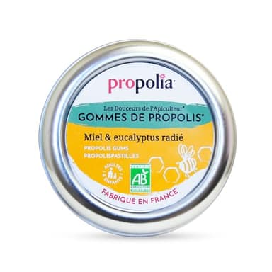 PROPOLIA - Bio - Gommes de Propolis, Miel & Eucalyptus - Apaise la gorge, dégage le nez et rafraîchit l’haleine - Complément alimentaire - 100% naturel - Sans sucre - Fabriqué en France - 45 g