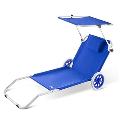 Casaria Chaise Longue de Plage Crête Bleu transat Pliable Chariot de Transport avec Pare Soleil réglable Camping Voyage