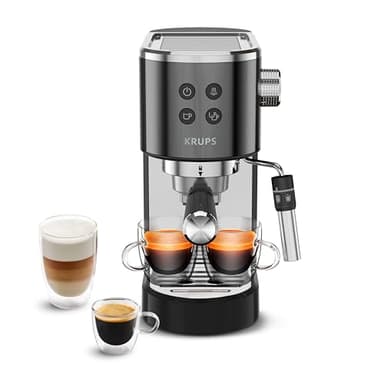Krups Virtuoso+, Machine expresso manuelle, Café à pompe, Café moulu ou dosettes, 15 bars, Inox, Buse vapeur, Espresso et cappuccino, Noire, XP444G10