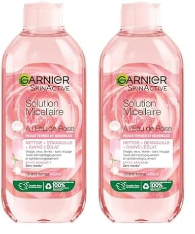 Garnier Skin Active - Solution Micellaire à l'Eau de Rose Tout-En-1 - Peaux Ternes et Sensibles - Grand Format 400 ml (Lot de 2)