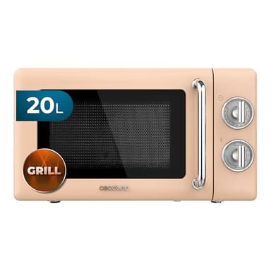 Cecotec Micro-ondes mécanique avec grill Proclean 3110 Retro Beige. 20 L, 700 W en 6 niveaux, minuterie jusqu'à 30 minutes, mode dégivrage, design vintage en beige, finitions en acier.