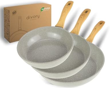 DIVORY Set de poêles en céramique 20, 24, 28cm - Poêles avec revêtement céramique, induction, sans PFAS & PTFE, résistantes au four & au lave-vaisselle (Natura, 20, 24, 28 cm)
