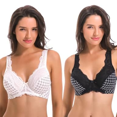 Curve Muse - Minimizer pour femme, sans doublure, soutien-gorge avec armatures, avec broderie, dentelle, paquet de 2-Blanc,Noir-100E