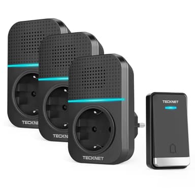TECKNET Sonnette sans Fil 400 Mètres, Étanche IP65 avec Fonction de Charge et lumière LED Kit de 1 Carillon et 3 Récepteur Enfichables, 60 Mélodies 5 Niveaux Volumes, pour Maison, Bureau, Hôtel