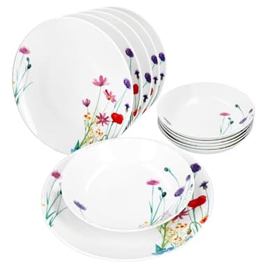 MamboCat Marie Service de table 12 pièces Vaisselle en porcelaine décor prairie florale pour 6 personnes