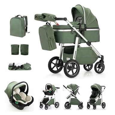 Kakbgee 3 en 1 Poussette Combinées, Poussettes Poignée à Hauteur Réglable, Poussette Canne, Système de Voyage et Avec Siège Auto, Moustiquaire, Cadre en Aluminium High Vision, 0-4Ans 22KG, Vert