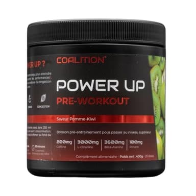Pre Workout Power Up@ | Booster pump puissant avant entrainement musculation homme pour améliorer force et concentration | Complément alimentaire Preworkout boisson énergisante poudre | Pomme Kiwi