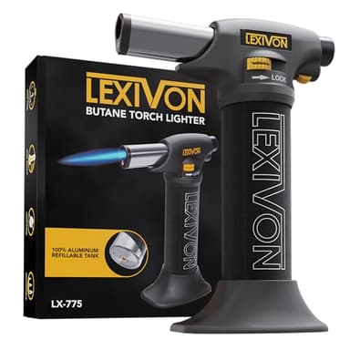 LEXIVON Chalumeau de Cuisine au Butane, Rechargeable | Allumage Automatique avec Verrou de Sécurité et Flamme Réglable | Réservoir en Aluminium de Qualité Professionnelle (LX-775)