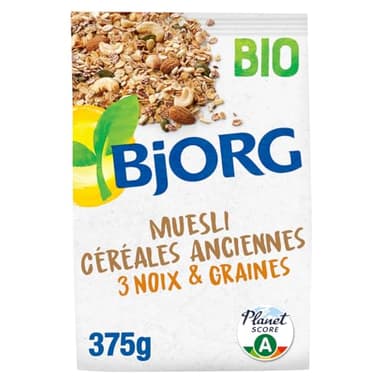 BJORG - Muesli Céréales Anciennes 3 Noix & Graines Bio - Céréales Complètes - Réduit En Sucres - 375G